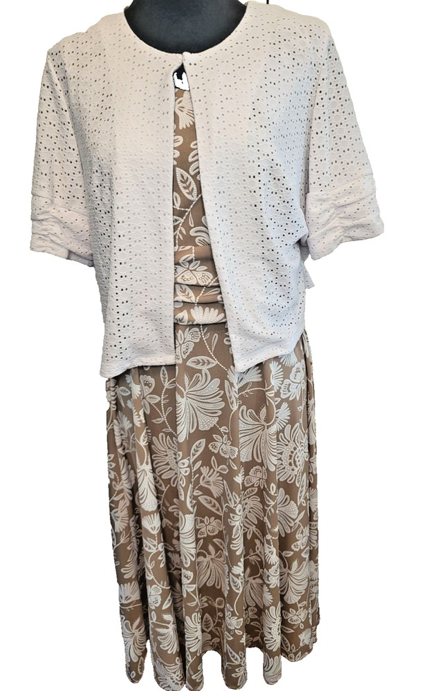 NWOT Perceptions Tan White Eyelet Jacket Tank Dress Set L Coastal Teacher Modest