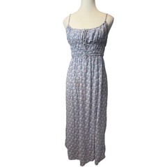 Aeropostale Large Blue Floral Smocked Maxi Dress Side Slit Cottage Trad Summer