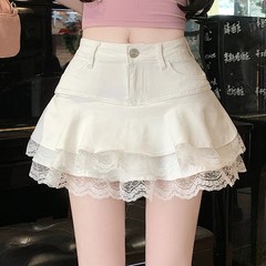 Sweet Lace Trim Denim Cake Skirt Women&rsquo;s Hight Waist A Line Mini Skirt Female Ko