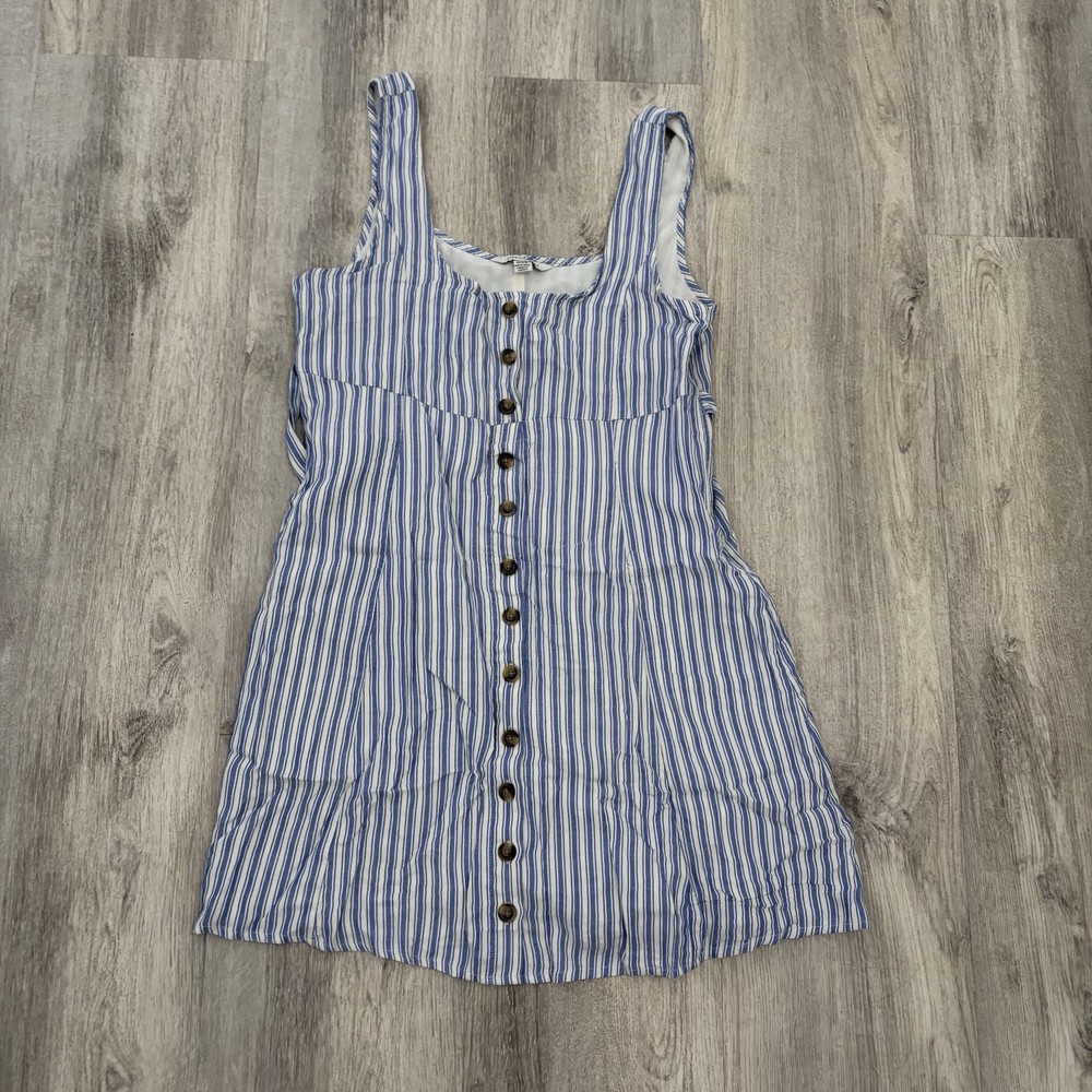 American Eagle Blue White Striped Mini Dress Women M Picnic Cottage Garden Party