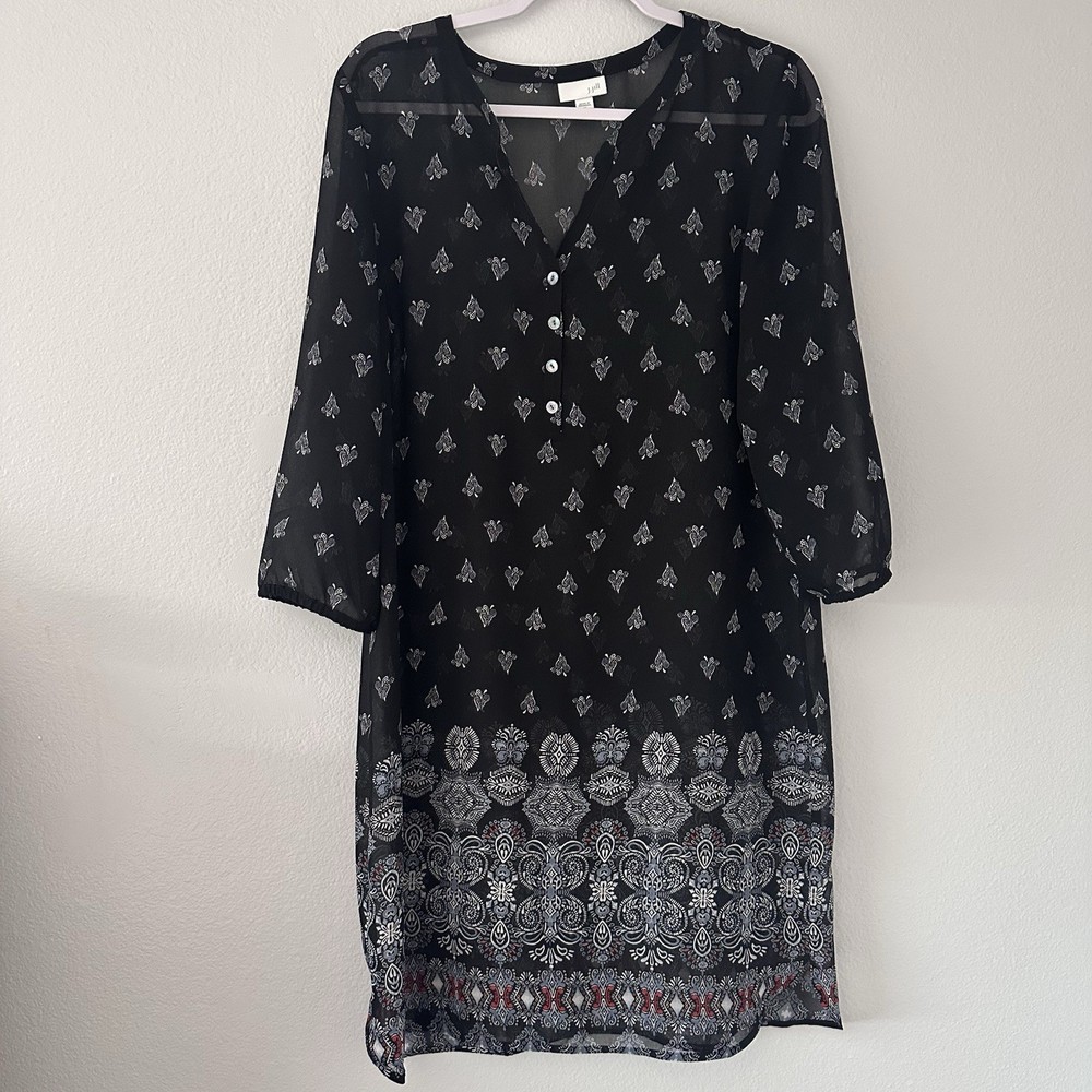 J Jill Size-M Tunic Dress Cover-up Black Henley Chiffon Sheer