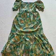 Betsey Johnson Tropical Leaf Print Smocked Ruffled Maxi Dress Medium