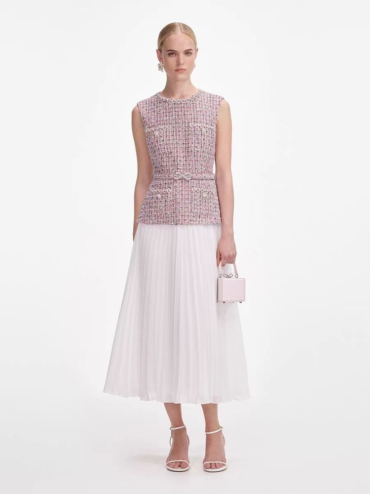 Self Portrait Tweed Two fake sleeveless patchwork pleated dresses
