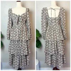 JUST ME Women Size M Brown Floral Eyelet Tiered Long Sleeve Midi Dress Open Back