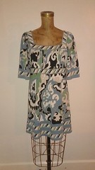 BCBG Azria Blue Green Tan Wild Print Tunic Swing Dress Squared Collar Sz Small