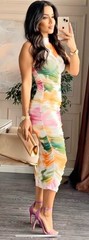 Women&rsquo;s Multicolor Floral Ruched High Neck Sleeveless Midi Dress Size xl