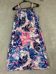 Rouge Collection Sundress 1X Flora Leaves Blue Purple Dress Rope Collar