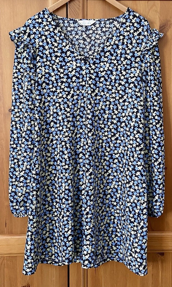 Black Ditsy Floral Dress | Shift Ruffle V-Neck Short Length | Primark Size 14