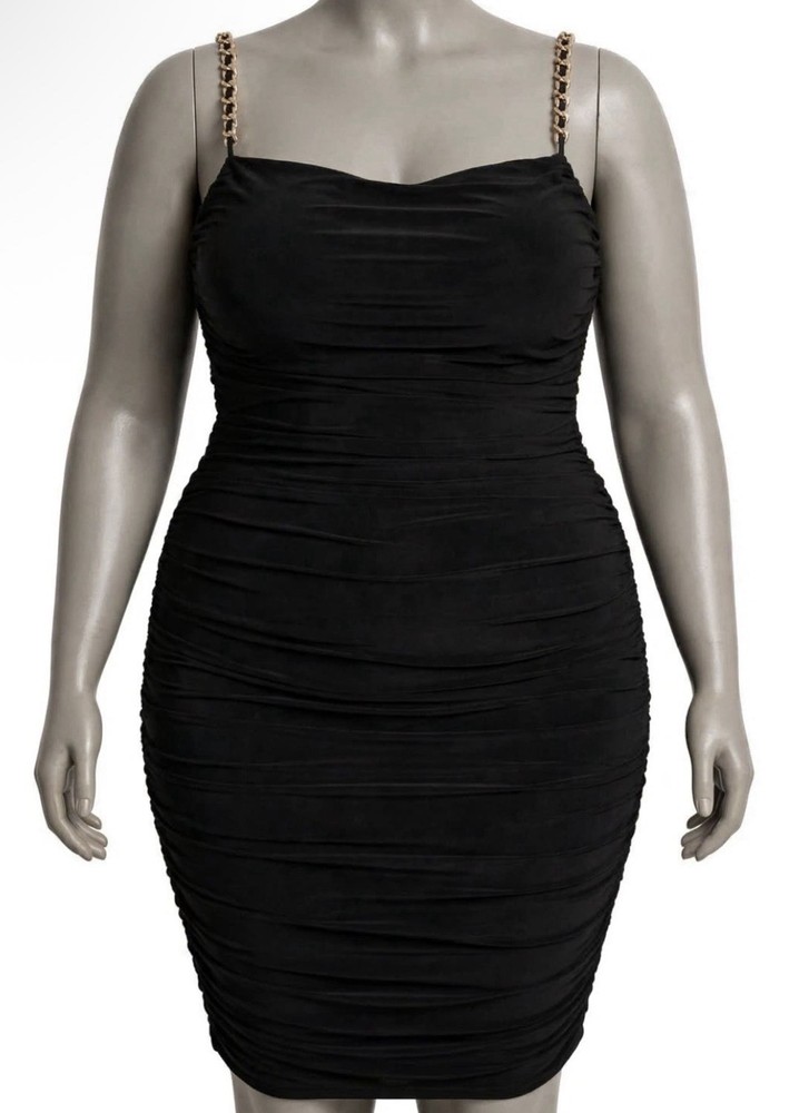 R&M Richards Black Ruched Mini Dress with Chain Straps