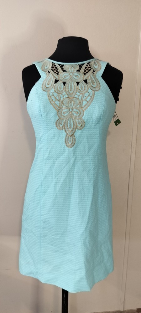 Lilly Pulitzer Blue Solid Embroidered Shift Dress V-Neck Sleeveless Zip 4 25335