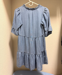 LOFT Petites XXSP Blue Denim Ruffle Round Neck 3/4 Puff Sleeve Mini Dress
