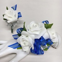 Triple White Rose on Royal Blue Wrist Corsage & Boutonniere Combo