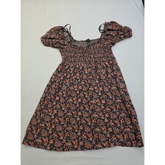 Wild Fable Floral Smocked Mini Dress Black Orange Pink Rayon Puff Sleeve WomensM