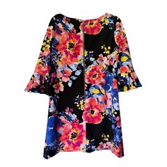 Tahari Arthur S Levine Floral Bell Sleeve Shift Dress Black Pink Blue Size 8