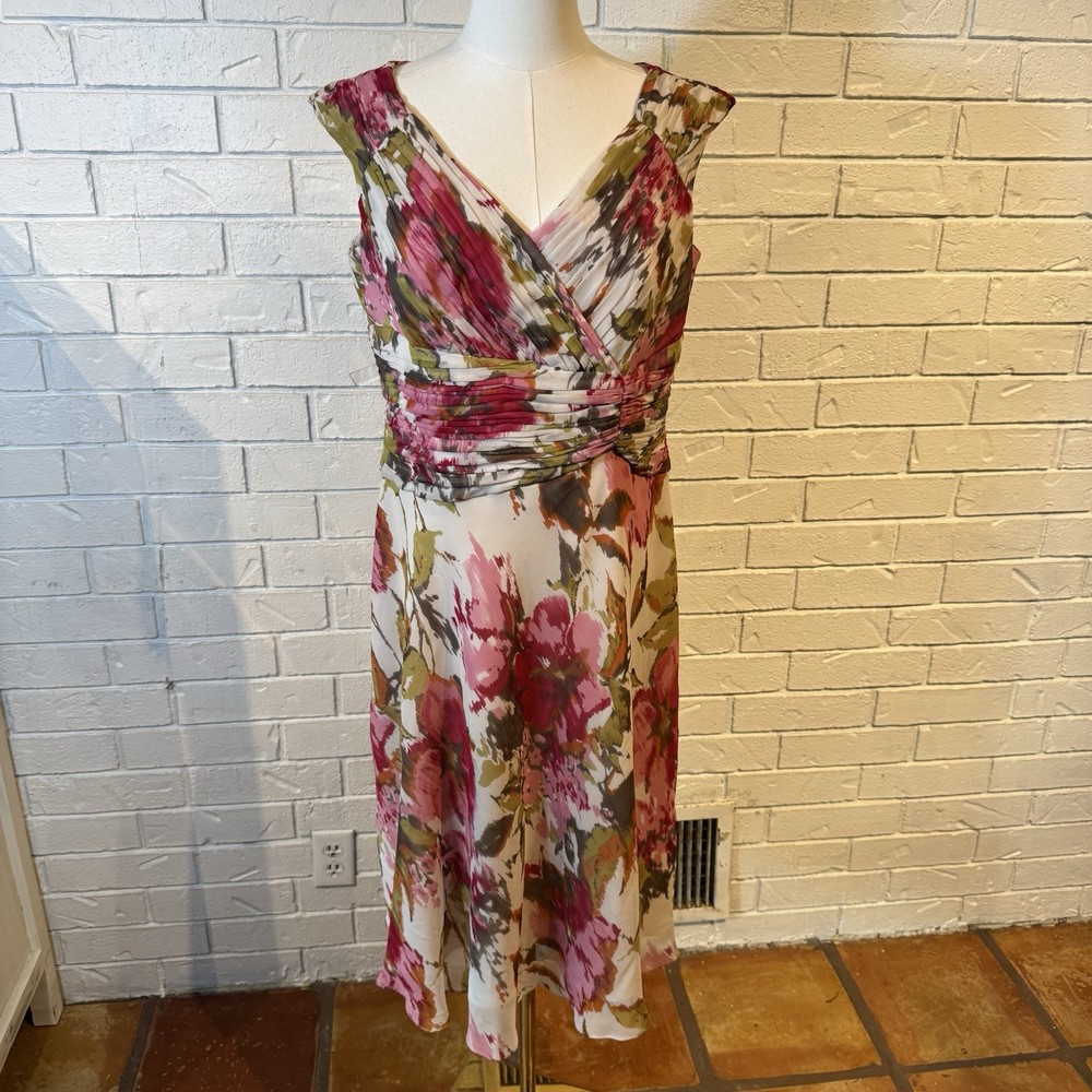 Coldwater Creek 100% Silk Floral V-Neck Sleeveless Midi Dress Womens 14