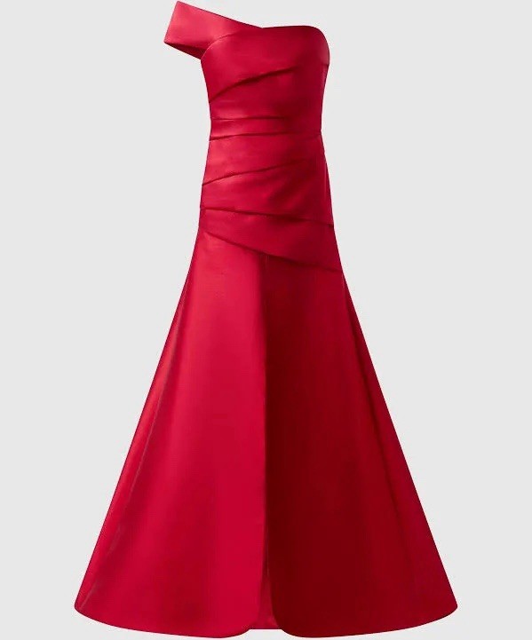 Vera Wang Red Mikado One-Shoulder Pleated Long Formal Gown Size 6