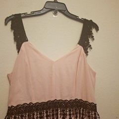 INA Romantic Chiffon Crochet Lace Tiered Dress Sz L Baby Shower Wedding Guest