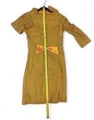 Gold Tweed Collared 3/4 Sleeve Pencil Dress Knee Length Bow Accent Zip Sz S