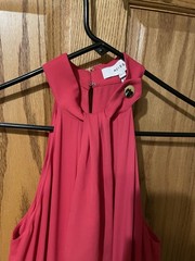 Reiss Red Pleated Halter Midi Dress Berry Pink Gold Button Detail Size 4