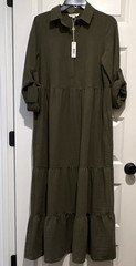 Max Studio Olive Collared Button-Front Tiered Midi Shirt Dress Long Sleeve M