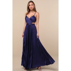 Navy Blue Satin Cutout Spaghetti Strap Pleated Dresses Formal Simple Prom Gowns