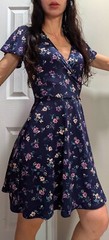 BCX navy blue purple floral print faux wrap dress size S