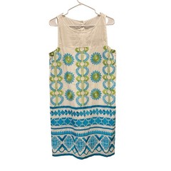 Gretchen Scott Sleeveless Shift Dress Small White Blue Green Embroidered Cotton