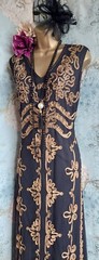 windsmoor black gold lace tapework beaded 20s Deco Gatsby evening dress 16 18