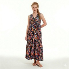 French Connection Twist Front Black Multicolor Floral Maxi Dress – Small – New