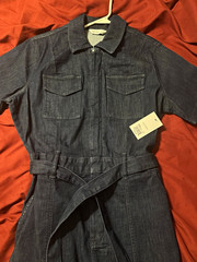 Nine West Womens Blue Denim Zip-Front Belted Collared Dress Short Sleeve Size L