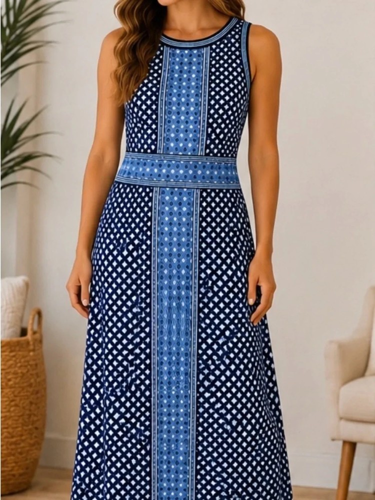Max Studio Women&rsquo;s Sleeveless Maxi Dress Blue White Geometric Print Size Small