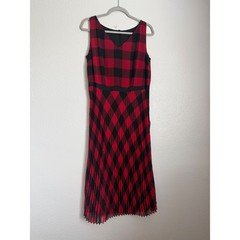 Talbots Red Black Buffalo Plaid Pleated Midi Dress Sleeveless V-Neck Size 8
