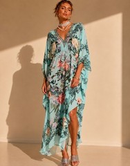 Camilla Gathered Waist Kaftan Petal Promise Land Dress One Size Silk Floral $799