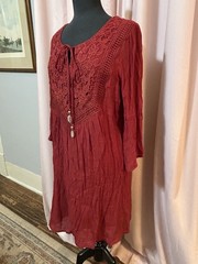 Indigo Rose Womens Size L Dress Peasant Burgundy Lace Ties Boho Gauze