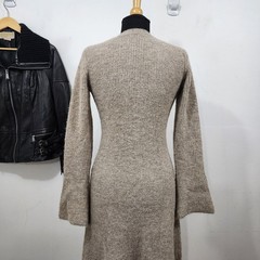 Commense Stacking V-Neck Split Breasted Knit Sweater Dress Beige Bell Sleeve SML