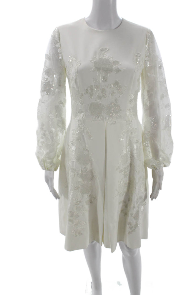 Miri Womens A-Line Shift White Silk Floral Wedding Dress Long Sleeve Zip Size 2