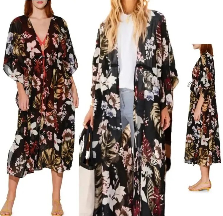 Walter Baker Tulum Floral Black Drawstring Caftan O/S NWT MSRP $198