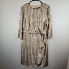 Vince Camuto Gold Shimmer Animal Print Dress 16W Rouched Waist Lined Metallic