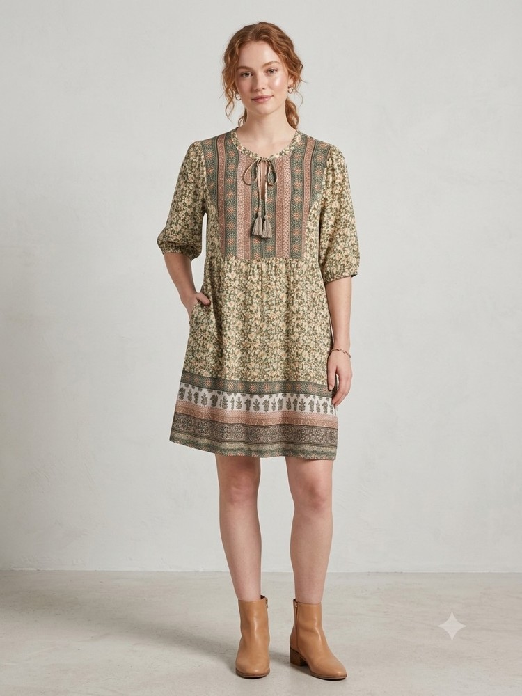 Knox Rose Boho Olive Green Floral Border Print Midi Dress