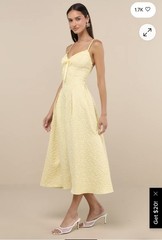Lulus Ninetta Yellow Jacquard V-Neck Lace-Up Back Midi Dress Spaghetti Strap M