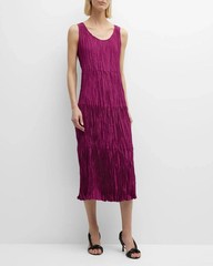 EILEEN FISHER Raspberry Tiered Pleated Crinkle Silk Midi Dress SMALL = 6/8 NEW