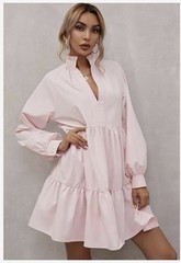 pink Dress Elegant Frilled Stand Collar Long Sleeve Ruffle Dress spring fall M