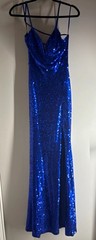 Blue Sequin Cowl Neck Backless Spaghetti Strap Side Split Maxi Dress Women’s M