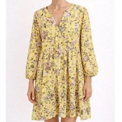 Frye and Co Womens Yellow Floral V-Neck Babydoll Dress Long Sleeve Size M
