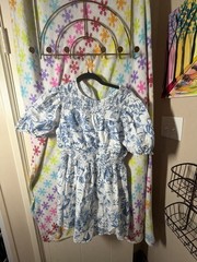 Vestique Blue and White Toile Print Smocked Puff Sleeve Mini Dress