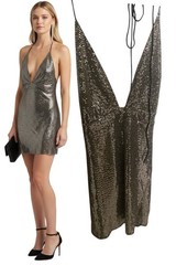 Silver Sequin Metallic Halter Mini Dress Y2K Party Low Cut Small S