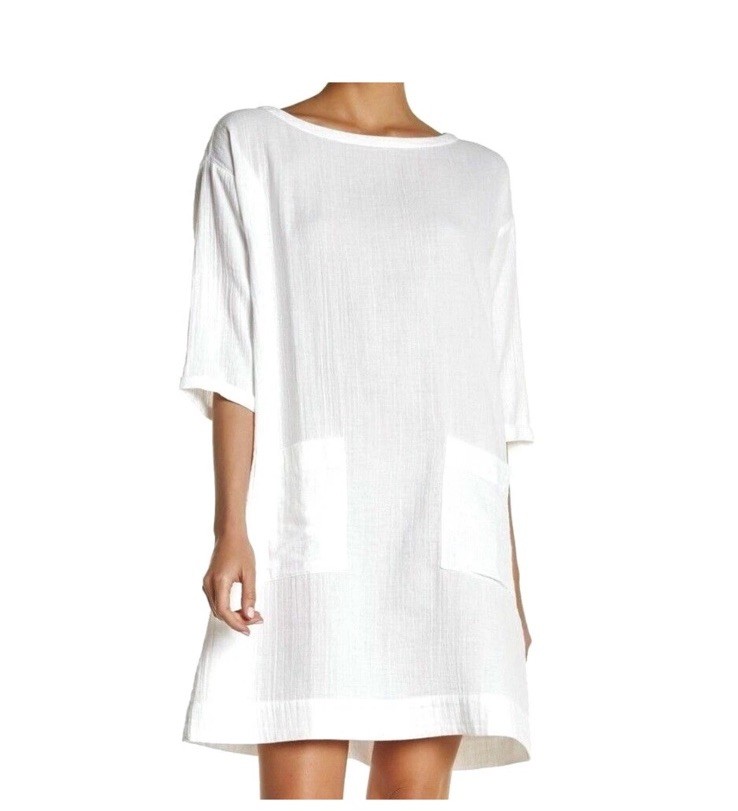 Eileen Fisher White Cotton Gauze Tunic Dress Resortwear Lagenlook Minimalist PS