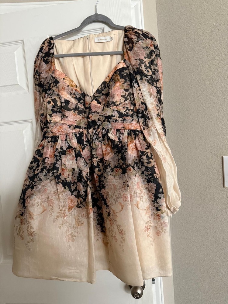 AUTH Zimmermann Illustration Long Sleeve Draped Linen & Silk Minidress Sz 10 US