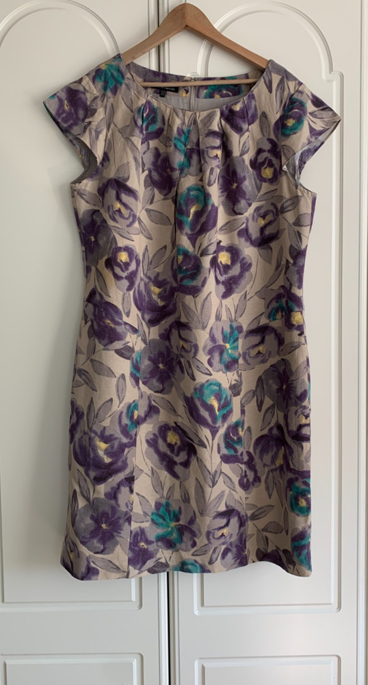 Laura Ashley Grey Floral Linen Blend Cap Sleeve Lined Shift Dress Size UK 20