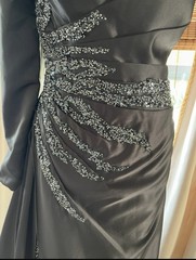 Black One-Shoulder Satin Formal Long Gown, Beaded Embroidered Lined Size 12